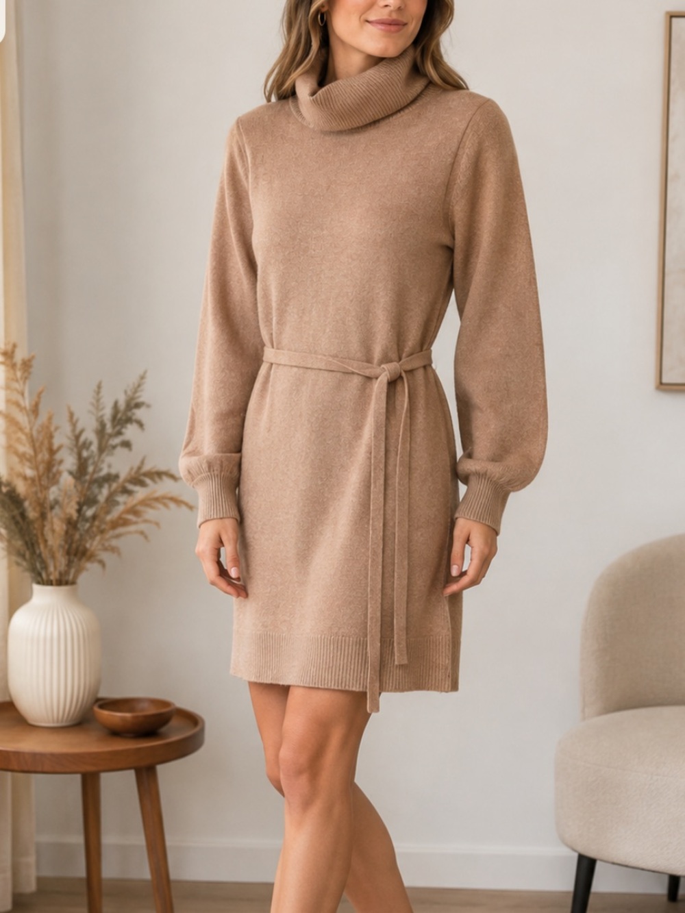 Margaret O’Leary Cashmere Cotton Turtleneck Belted Sweater Dress in Camel